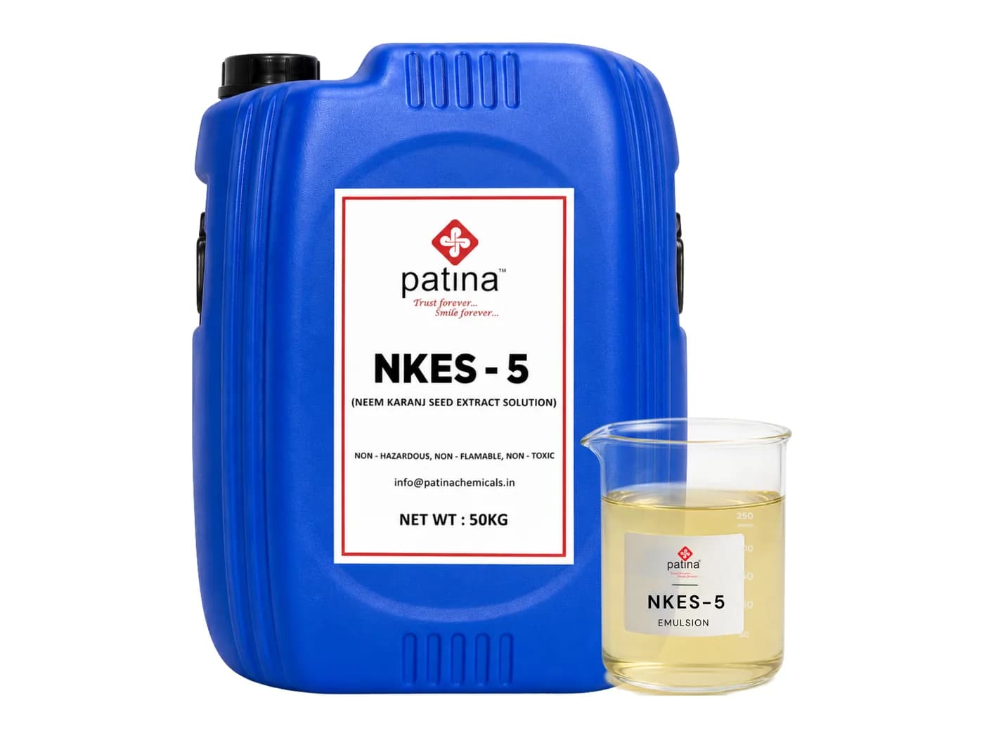 A 50 kg drum of NKES-5 neem and karanj seed emulsion beside a beaker of the pale yellow liquid