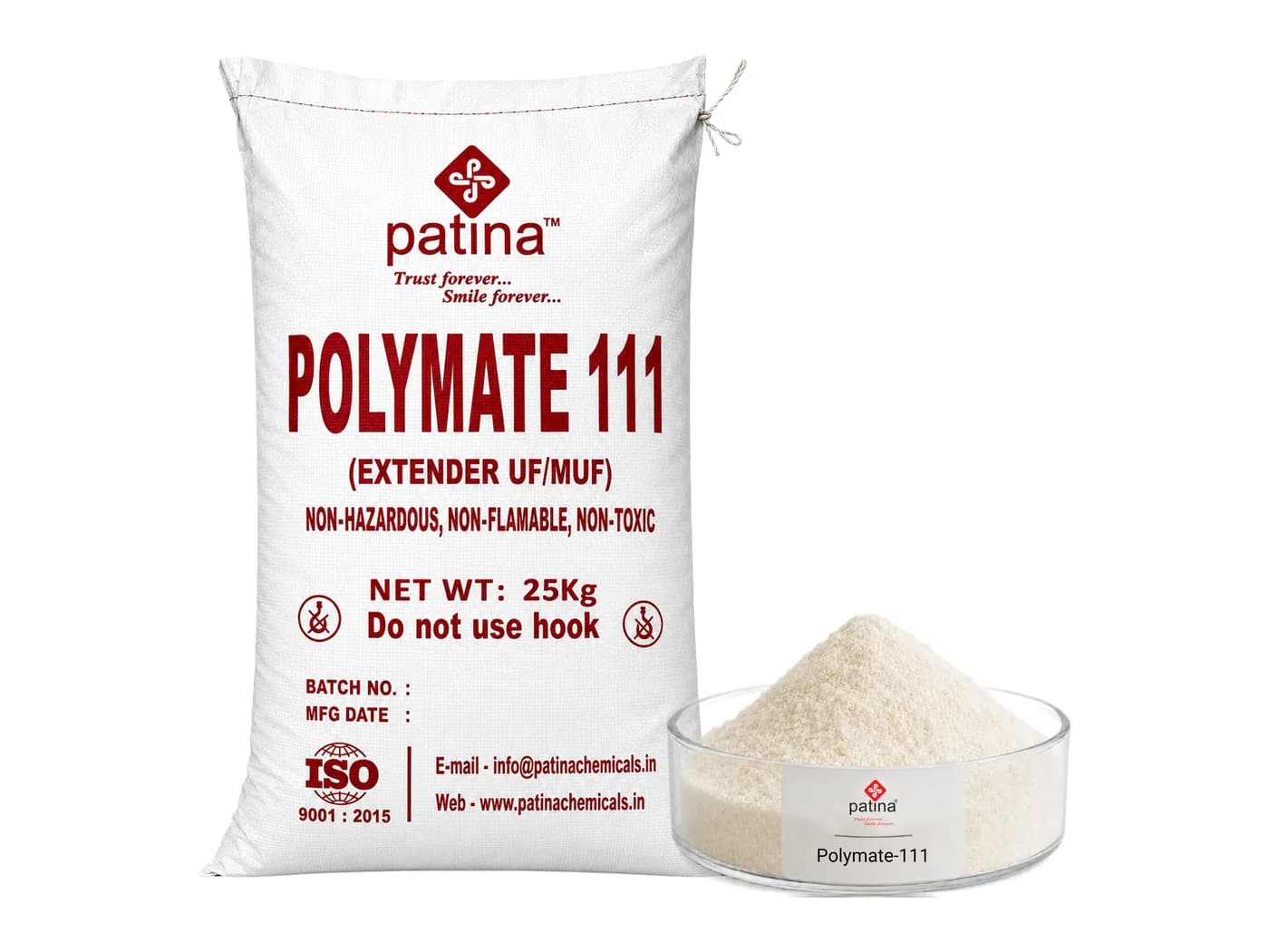 A 25 kg sack of Polymate-111 extender beside a dish of the off-white powder
