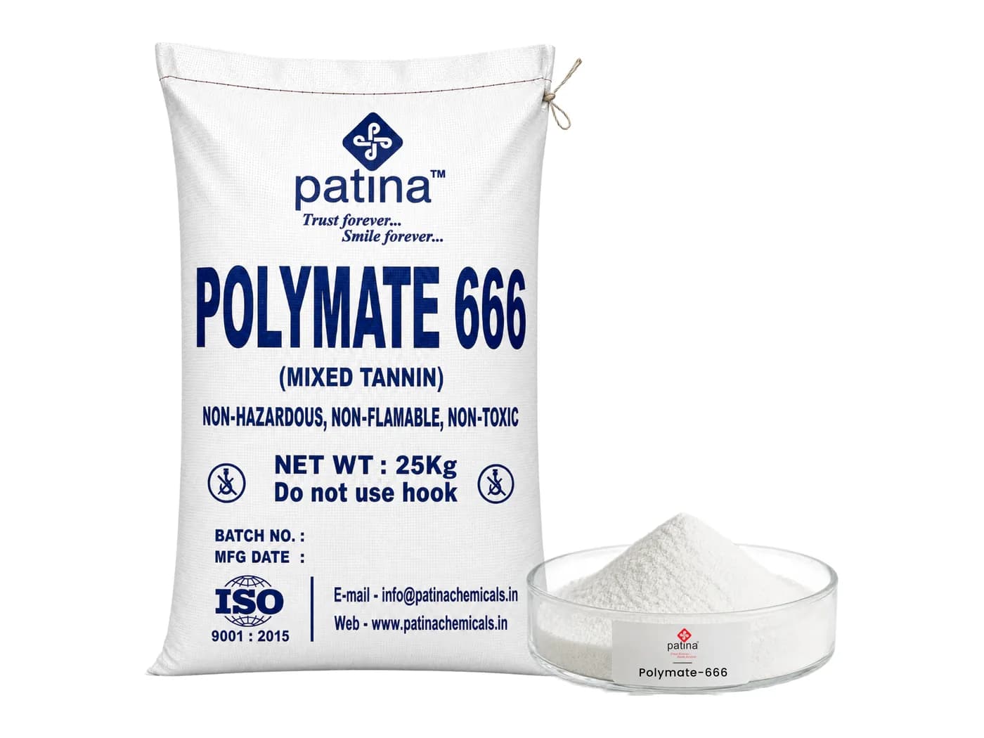 A 25 kg sack of Polymate-666 mixed tannin beside a dish of the fine white powder