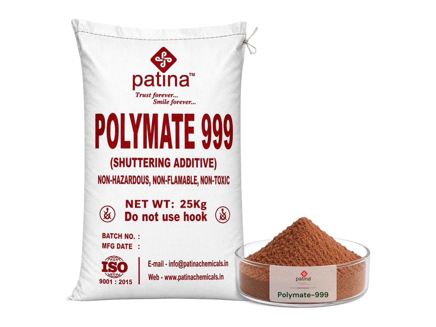 A 25 kg sack of Polymate-999 shuttering additive beside a dish of the reddish-brown powder