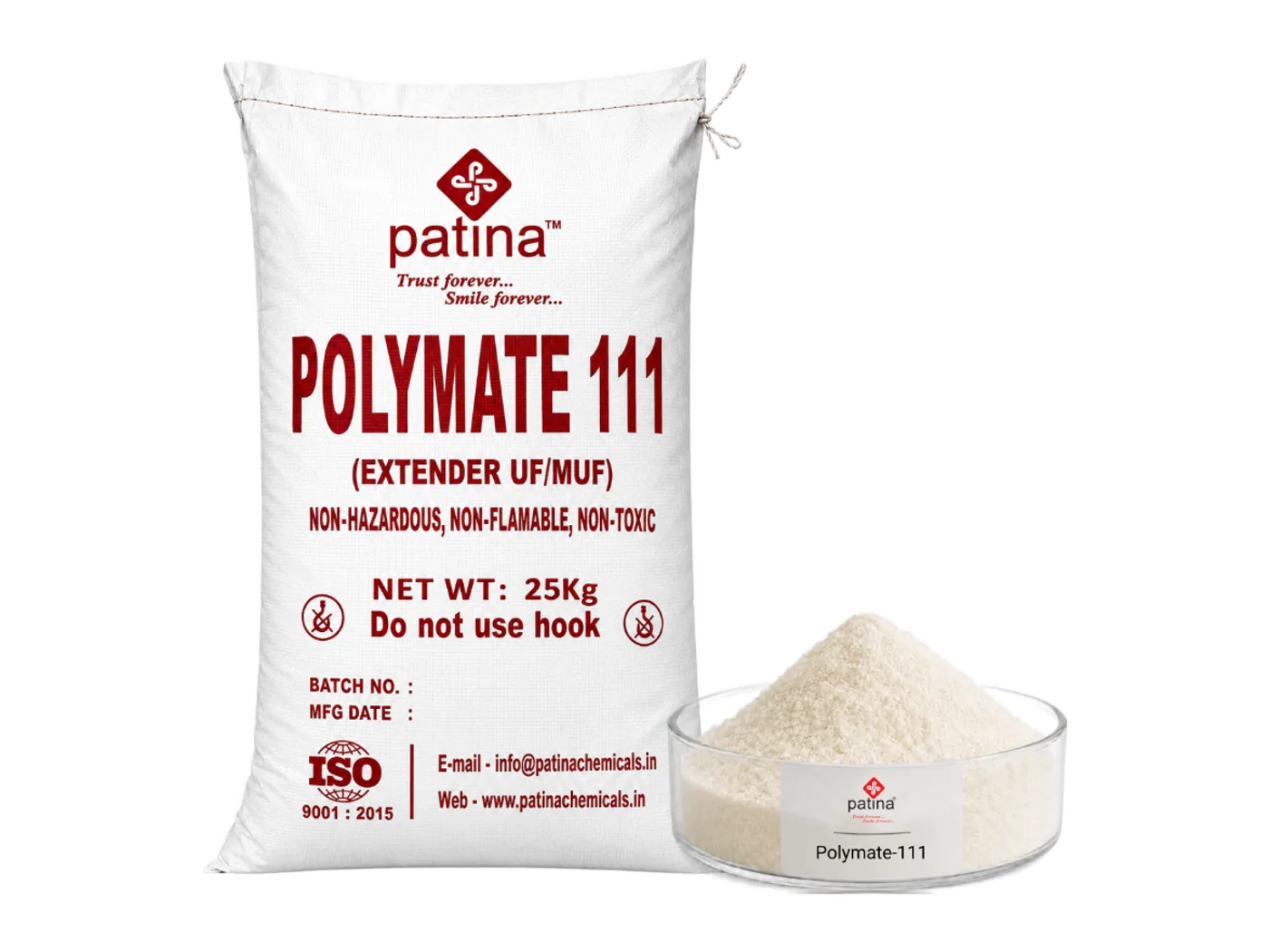 A 25 kg sack of Polymate-111 extender beside a dish of the off-white powder