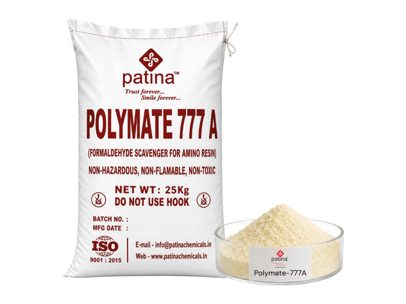 A 25 kg sack of Polymate-777A beside a dish of the pale yellow powder